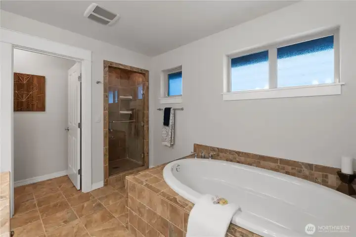 There is a large stand-up shower and enclosed toilet area.