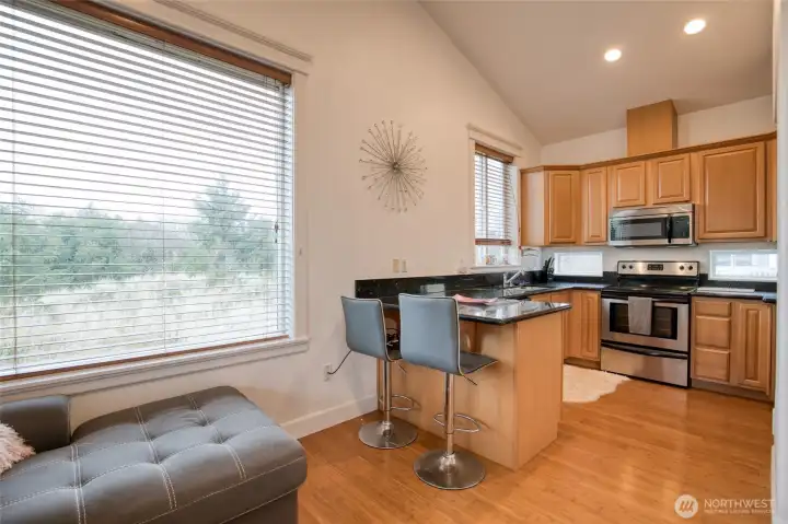 Huge windows brighten up the space.