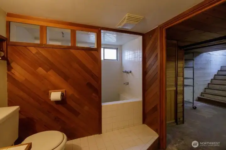 Bathroom in the basement with shower.