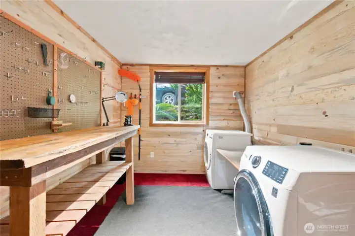 Laundry Washer and Dryer lower level and mini workshop/folding counter Laundry Washer and Dryer lower level and mini workshop/folding counter