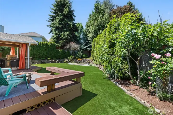 Expansive large entertainment deck and low-maintenance turf.