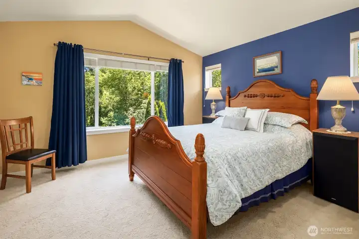 The primary bedroom suite upstairs. Lovely views looking into the greenbelt and backyard. You will also enjoy the vaulted ceilings in this room. The primary bedroom suite upstairs. Lovely views looking into the greenbelt and backyard. You will also enjoy the vaulted ceilings in this room.