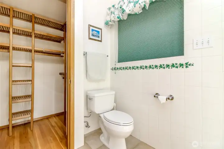 Primary toilet and closet in the background.