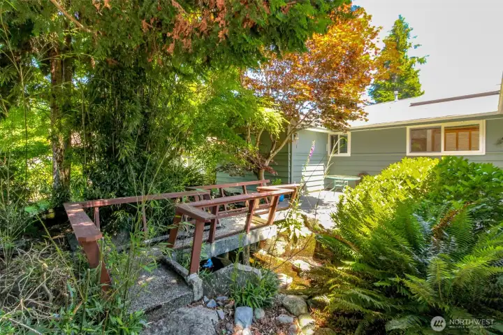 walkway over the small pond.