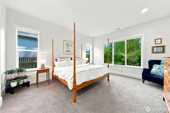 The primary bedroom looks out to the greenbelt in the back yard. All of the windows in the home have bottom up / top down blinds so the homeowner can choose the level of window coverage desired.
