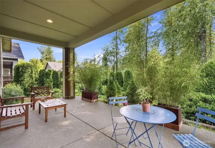 The back patio deck is raised, lit and covered for enjoyment year round. It looks out over a designated greenbelt for guaranteed privacy and serenity.