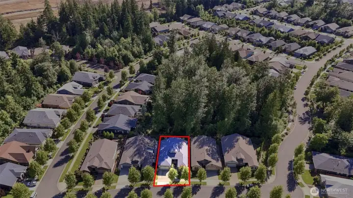 Aerial photograph showing the greenbelt space behind these homes.