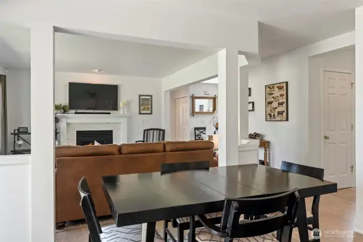 View from the kitchen, towards the dining nook and family room