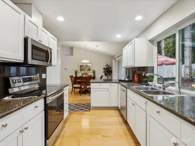 Easy living kitchen with lots of cabinets and counter space.