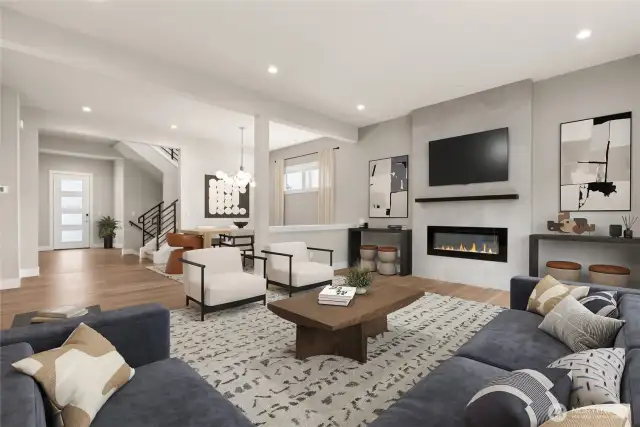 Large and open plan living area.  Virtual staging of actual home.