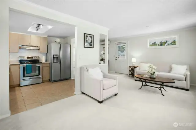 View from family room showing kitchen