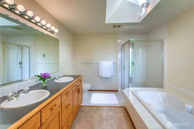 Large primary ensuite bathroom (vitually staged accessories).