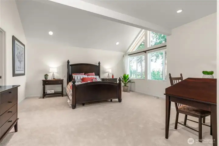 Generous primary suite offers a private sanctuary with vaulted ceilings and large windows offering gorgeous backyard views