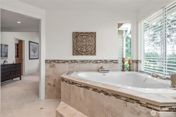 Step up into this luxurious spa-like primary bath, soaking tub with jets and birds eye backyard views