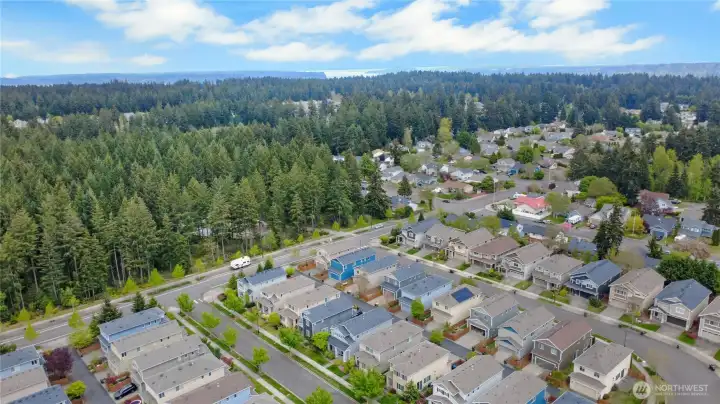 Aerial view of the surrounding neighborhood showing the nearby trails and parks woven throughout the community