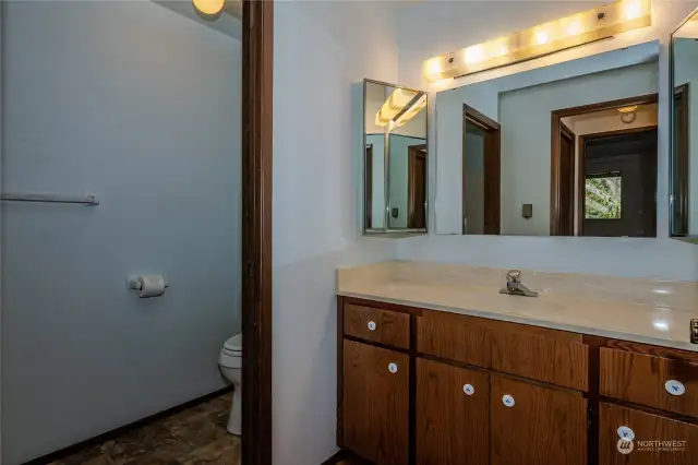 Main bathroom with shower and toilet separated from sink area