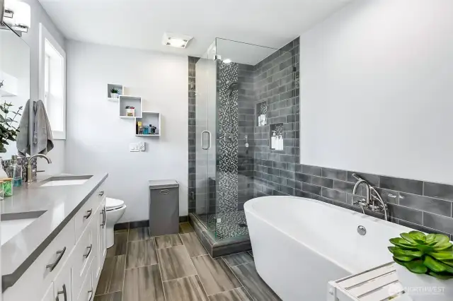 Glass shower, huge tub