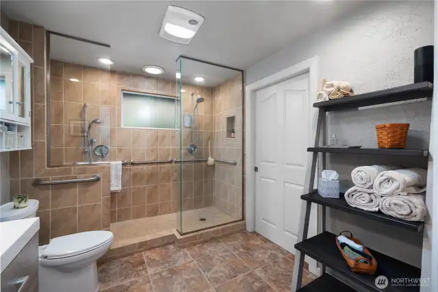 Walk in shower, ceramic tile.