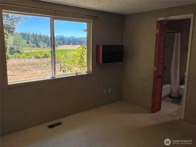 Large double window with a view of the Olympic Mountains and lovely landscape. Full bathroom en suite.
