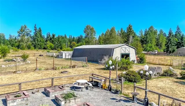 Location of shop barns beyond garden.