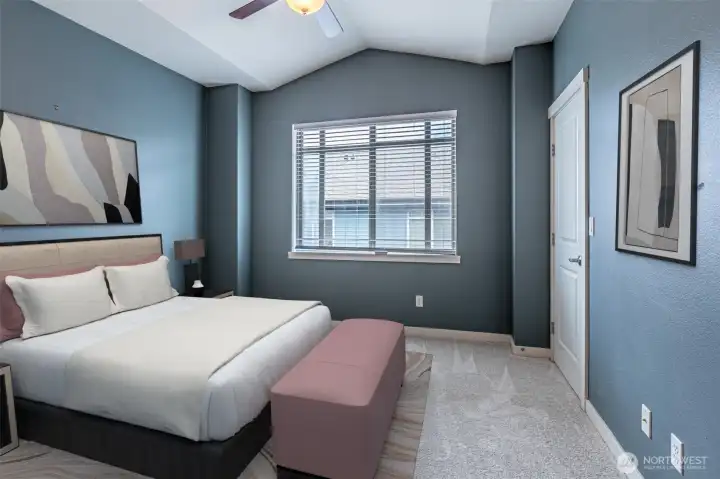 Vaulted ceilings in the Primary Suite.  Private Full Bath & Two Closets!  (Virtually Staged)