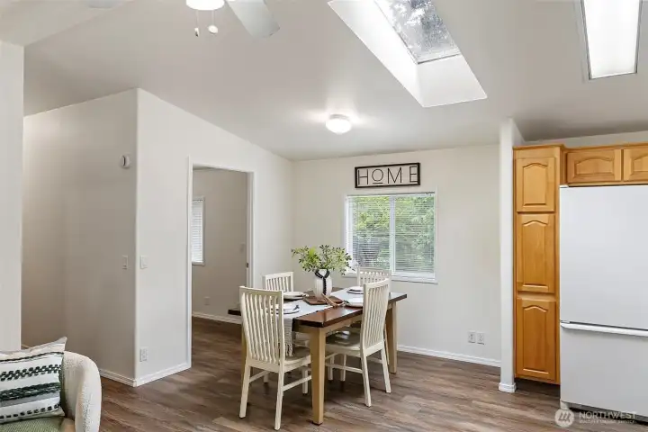 Living room into office, dining room and kitchen