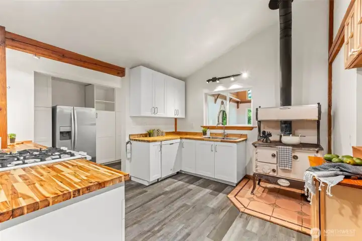 kitchen with antique wood stove