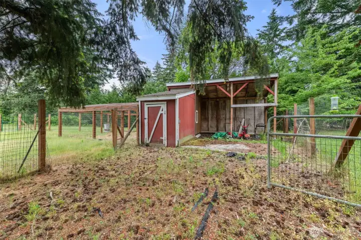 second fenced in chicken coup area, connected to the separately fenced orchard