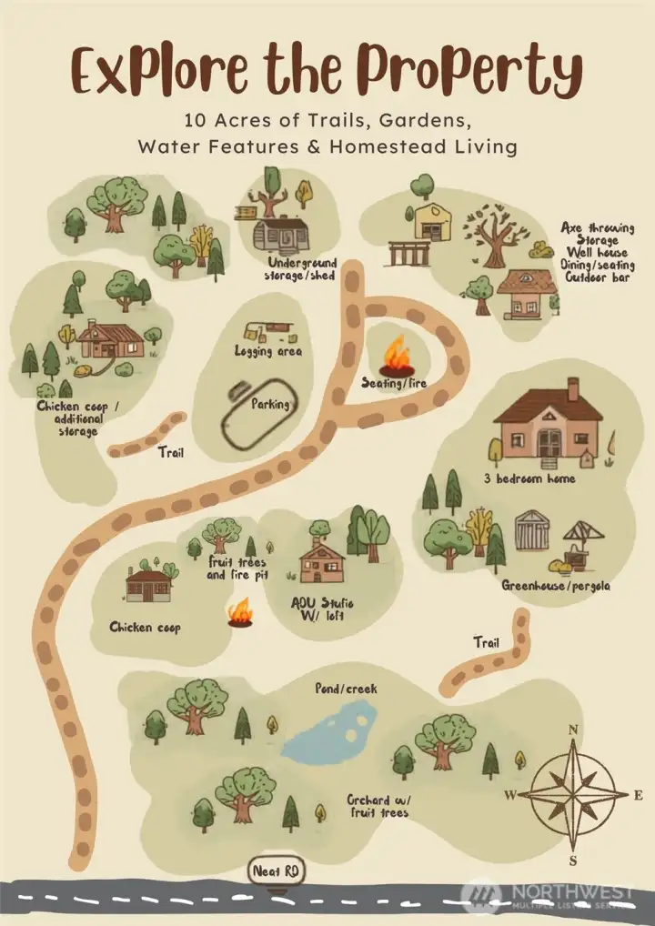 cartoonish property map, showing almost all of the properties features. This map is not a perfect representation, and is only meant to be a general guide