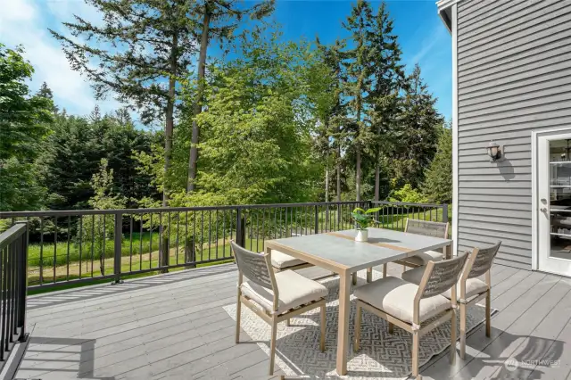 Expansive south-facing 330 square foot trex deck and 630 square foot patio overlooking huge fenced backyard.