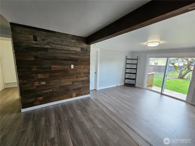 Reclaimed wood feature wall, with beautiful beam.