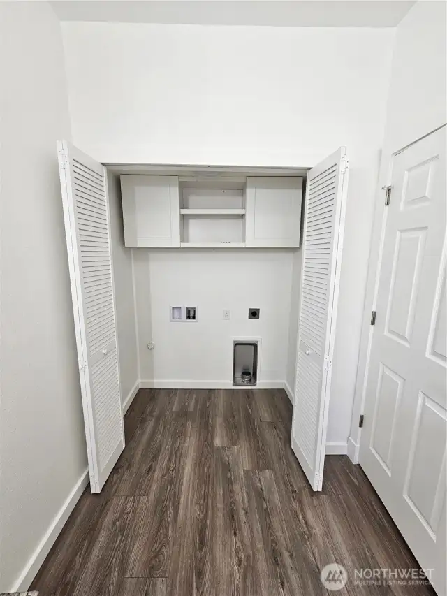 Lots of cabinet storage for laundry room.