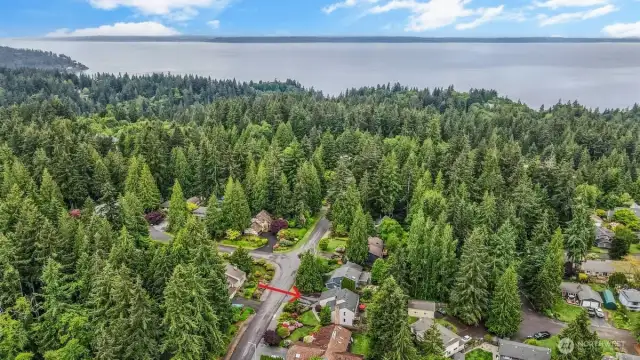 Aerial view with Puget Sound in the background.