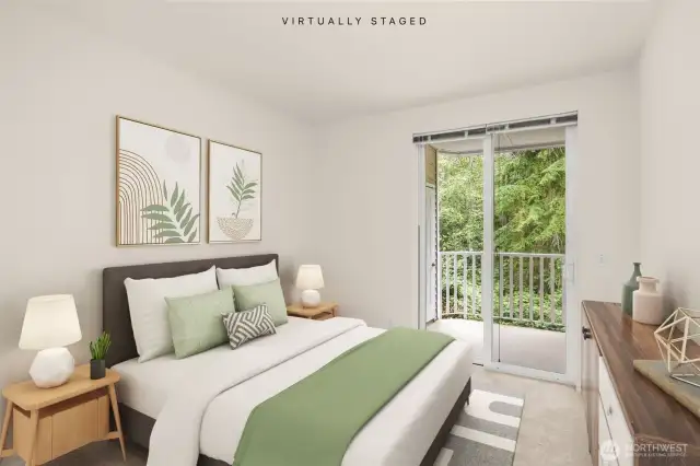 Primary bedroom slider to deck & walk in closet(virtual staging)