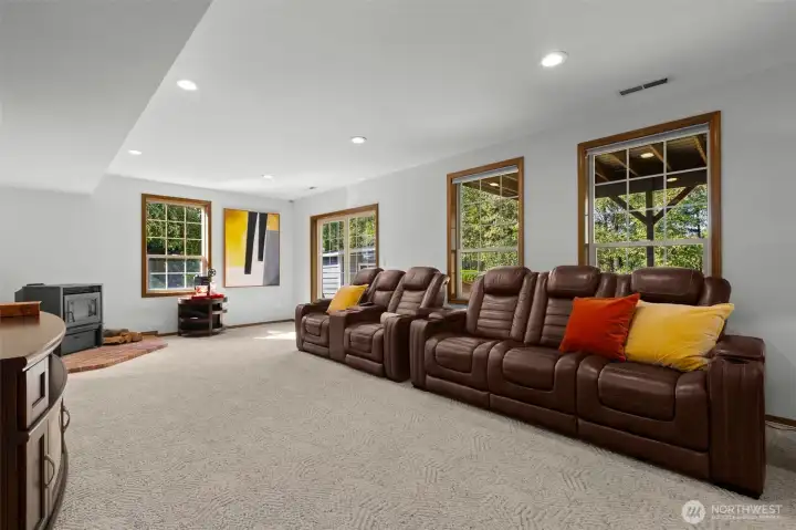 Lower level bonus room with cozy pellet stove