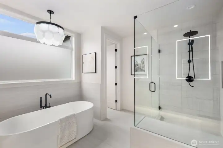 Primary bath shower and soaker tub