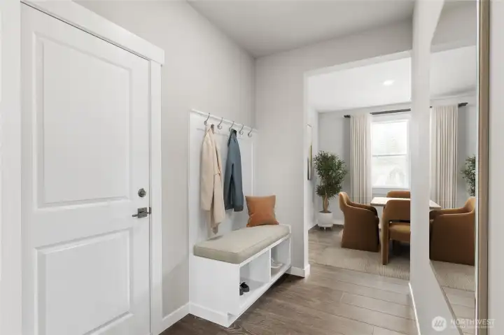 Convenient seating bench off garage entrance - virtual staging