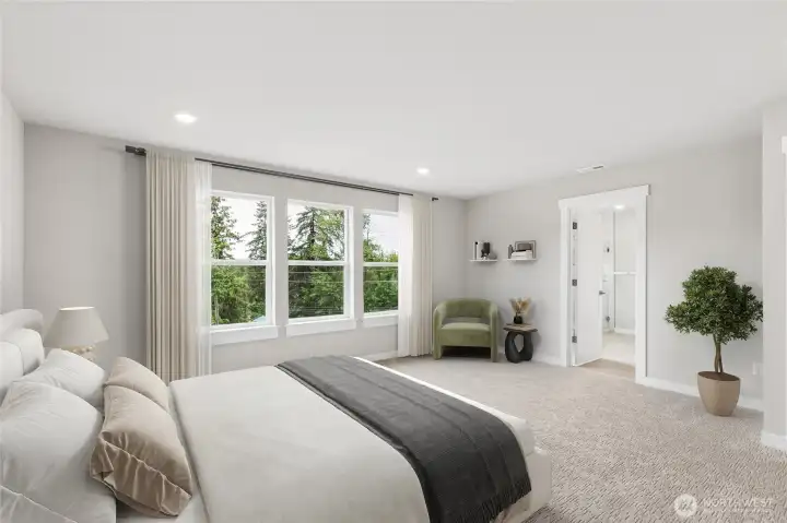 Top floor primary space overlooks park area - virtual staging.