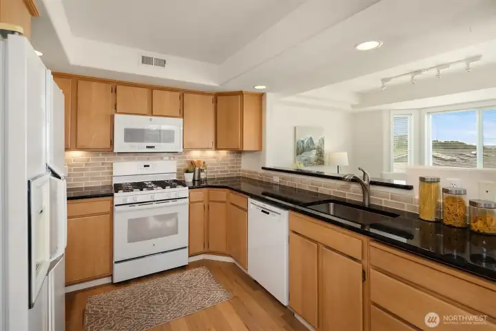 Updated kitchen counters, sink, newer range, microwave, D/W. Under counter lighting.