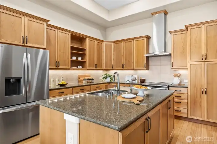 Large center island anchors this incredible kitchen with 12 foot ceilings, stainless steel appliances and quartz countertops