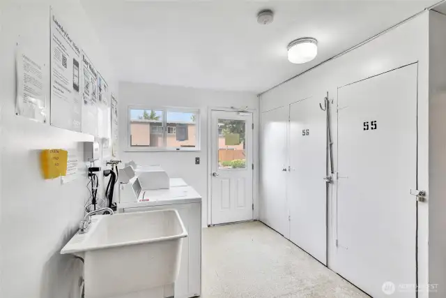 A view of the shared laundry room and storage. No 56 comes with the unit.