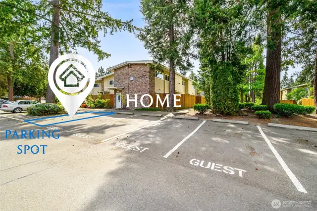 The unit comes with three parking spaces, one assigned right in front of the unit. There are plenty of guest parking spots right next to it.
