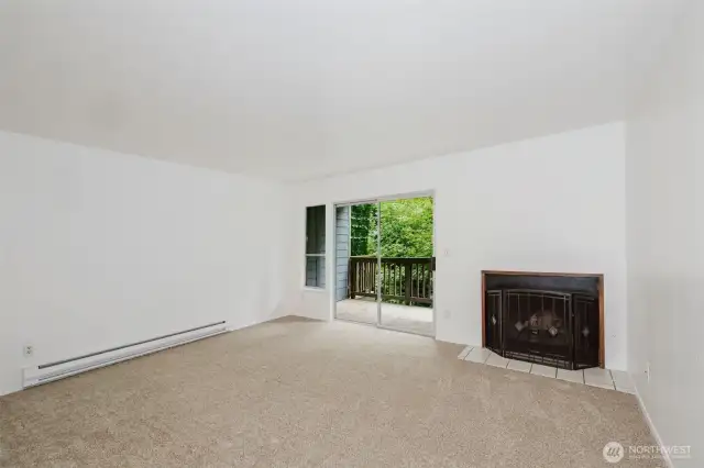 Wood burning fireplace in living room