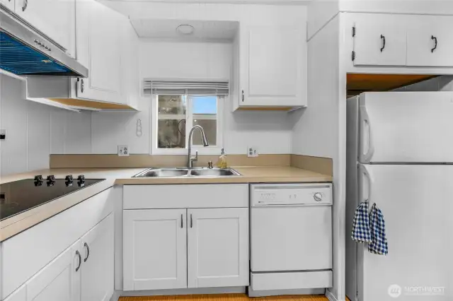 White shaker style cabinets and a double steel sink.  The sink faucet with a detachable nozzle features.  Enjoy the southern exposure from the kitchen window.
