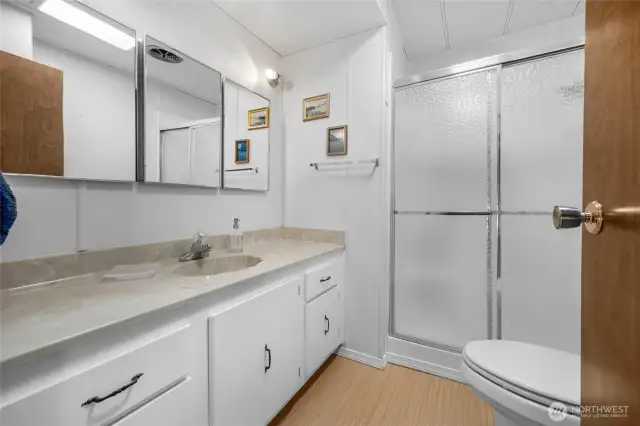 The main 3/4 bath with large counter space.