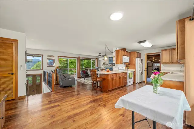 Gorgeous fully remodeled kitchen open to eating area and also has an eating bar. Look out over the beautiful valley from the kitchen and living room.
