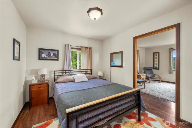 Another view of the ADU bedroom with the living room shown to the right.