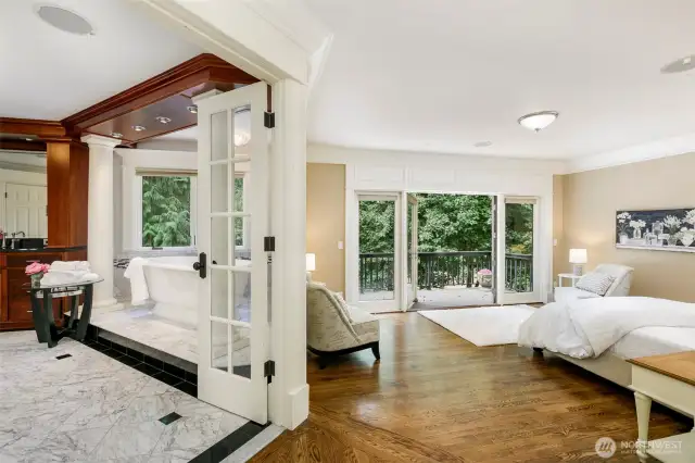 Primary bath with glass front doors to bedroom