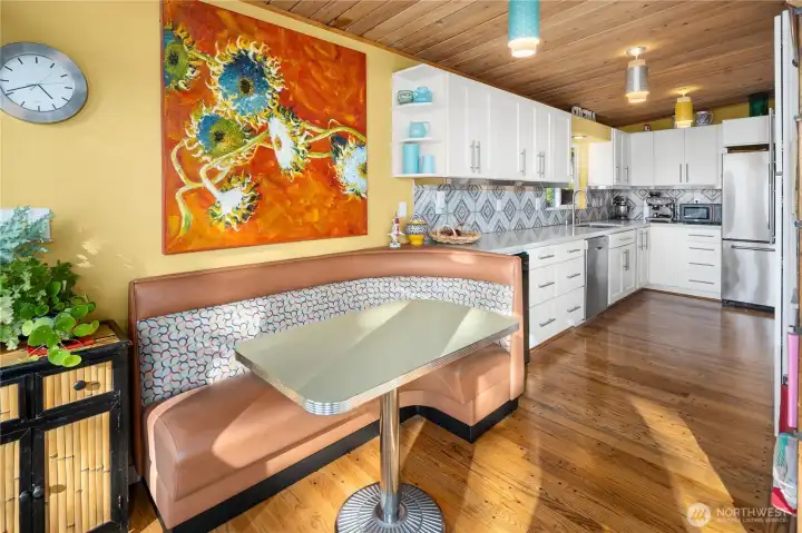Custom banquette and table stay with the home.