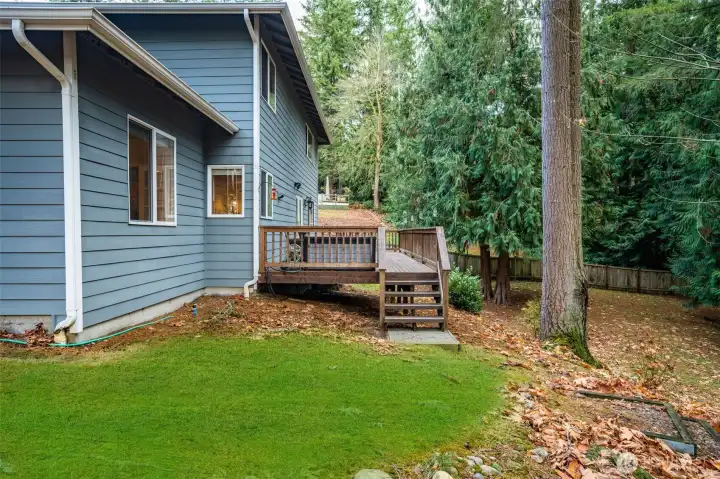 The expansive and private backyard spans a large portion of the half-acre lot. Defined by mature trees, it's a secluded haven perfect for play, gardening, or quiet enjoyment.